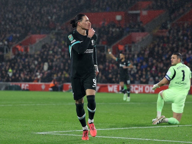 Darwin Nunez of Liverpool celebrates after scoring against Southampton in the Carabao Cup, on December 18, 2024