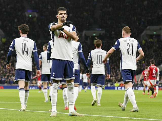 Tottenham Hotspur's Dominic Solanke celebrates scoring against Manchester United on December 19, 2024