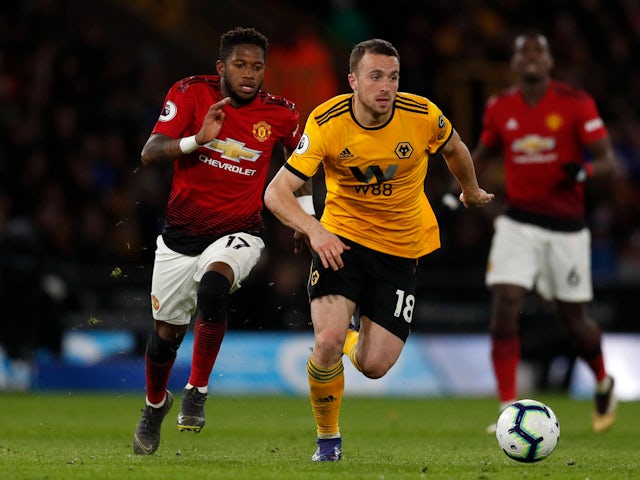 Wolverhampton Wanderers' Diogo Jota and Manchester United's Fred on April 2, 2019