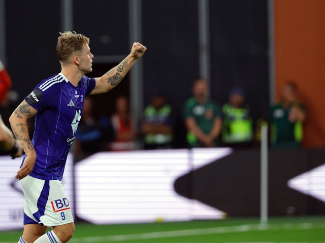 Frederik Ihler celebrates scoring for Molde on August 29, 2024