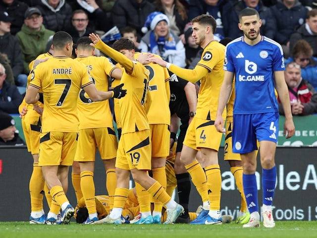 Goncalo Guedes of Wolverhampton Wanderers celebrates with teammates after scoring against Leicester City, on December 22, 2024