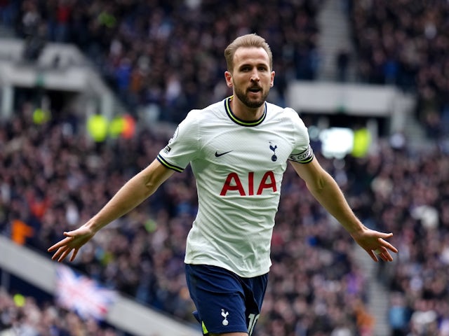 Harry Kane celebrates scoring for Tottenham Hotspur in 2023