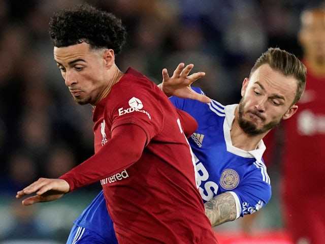 Liverpool's Curtis Jones in action with Leicester City's James Maddison on May 15, 2023