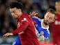 Liverpool's Curtis Jones in action with Leicester City's James Maddison on May 15, 2023