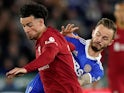 Liverpool's Curtis Jones in action with Leicester City's James Maddison on May 15, 2023