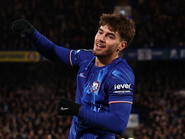 Marc Guiu celebrates after scoring for Chelsea on December 19, 2024