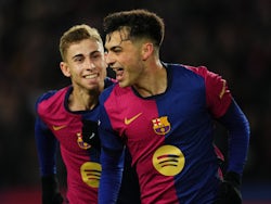 Barcelona's Pedri and Fermin Lopez celebrate on December 21, 2024