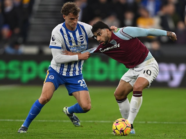 West Ham United's Lucas Paqueta and Brighton and Hove Albion's Mats Wieffer on December 21, 2024