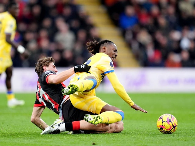 Bournemouth's Illya Zabarnyi challenges Crystal Palace's Eberechi Eze during their side's match, on December 26, 2024