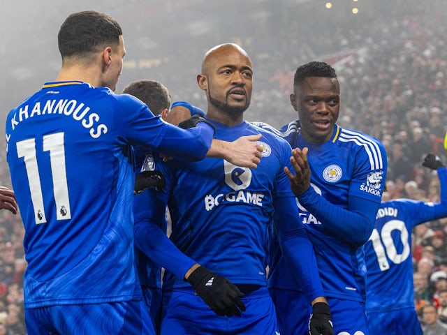 Leicester City's Jordan Ayew celebrates after scoring the first goal on December 26, 2024