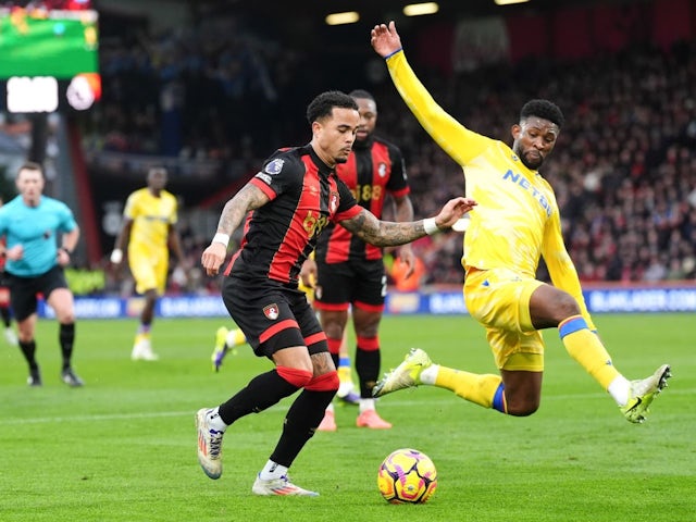 Bournemouth's Justin Kluivert (left) and Crystal Palace's Jefferson Lerma battle during their side's clash, on December 26, 2024