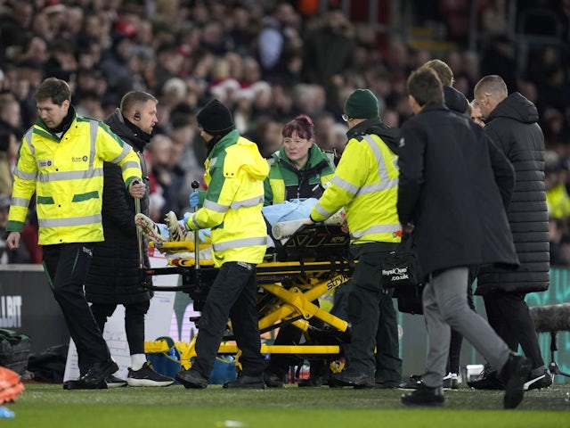 West Ham United goalkeeper Lukasz Fabianski removed from the pitch by medical staff after picking up an injury during his side's match against Southampton, on December 26, 2024