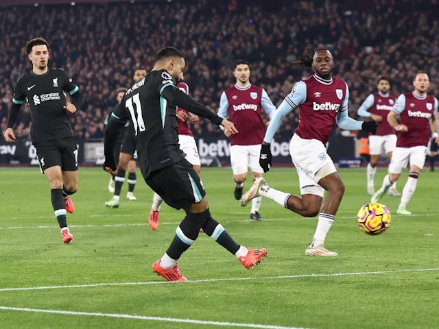 Liverpool's Mohamed Salah shoots against West Ham United on December 29, 2024