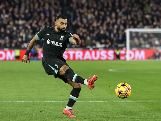 Mohamed Salah of Liverpool shoots at goal during his side's Premier League match against West Ham United, on December 29, 2024