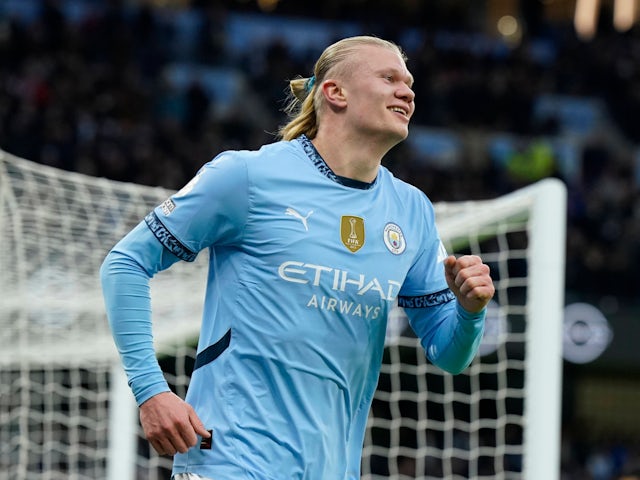 Manchester City's Erling Haaland celebrates scoring on January 4, 2025