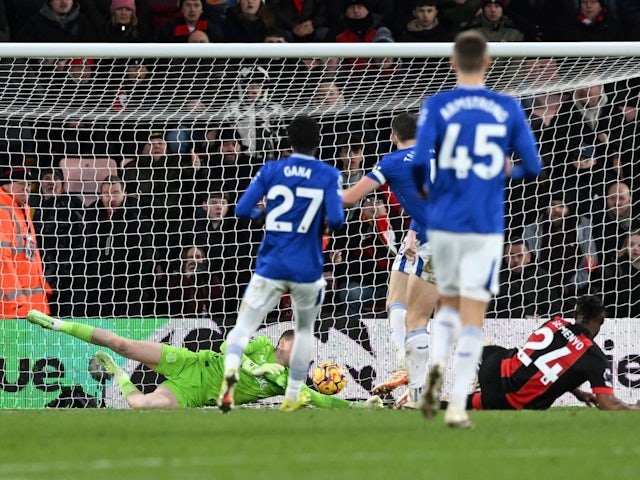 Jordan Pickford of Everton makes a save from a shot at goal by Antoine Semenyo of Bournemouth during their side's Premier League match, on January 4, 2025