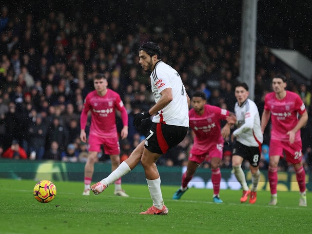 Fulham's Raul Jimenez scores against Ipswich Town on January 5, 2025