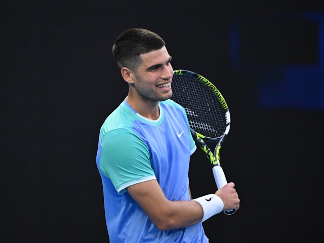 Carlos Alcaraz reacts during a pre-Australian Open charity match on January 8, 2025