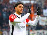 Eintracht Frankfurt's Omar Marmoush reacts after scoring on January 11, 2025