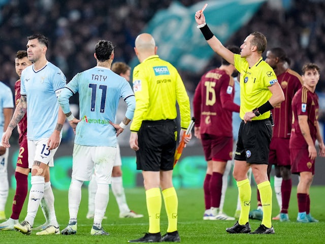 Taty Castellanos of Lazio is sent off in the Rome derby versus Roma on January 5, 2025 