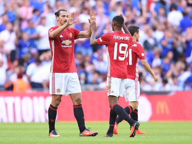 Zlatan Ibrahimovic and Marcus Rashford of Manchester United celebrate winning the Community Shield against Leicester City, on August 7, 2016