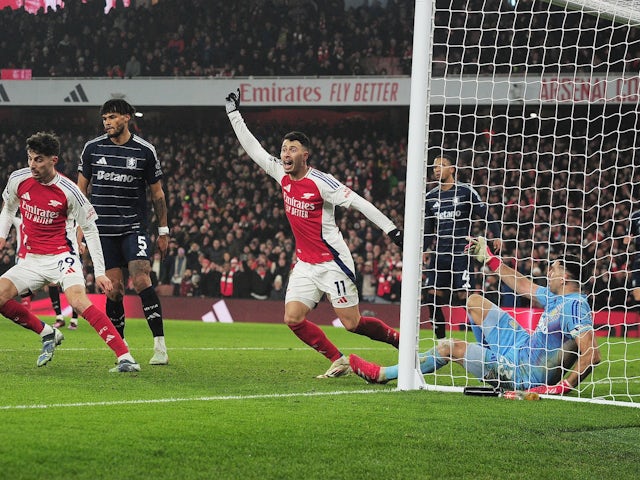 Arsenal's Gabriel Martinelli scores against Aston Villa on January 18, 2025