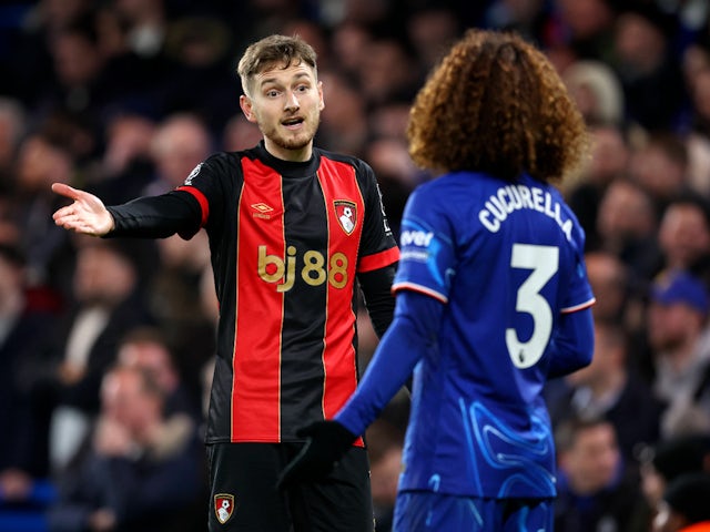 Bournemouth's David Brooks and Chelsea's Marc Cucurella in disagreement on January 14, 2025