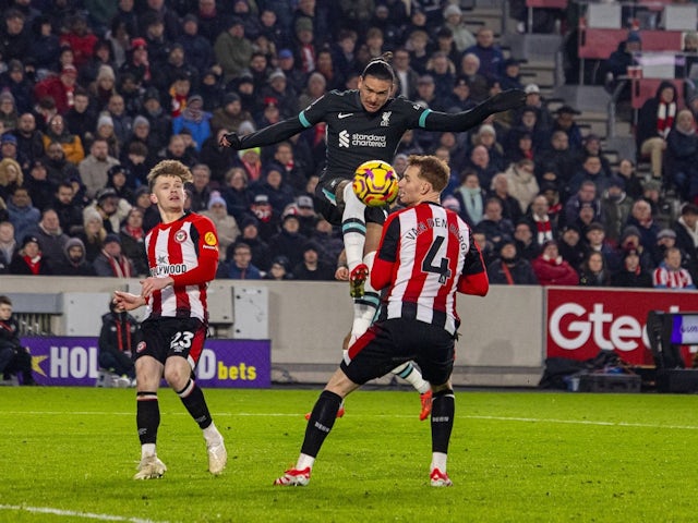 Darwin Nunez of Liverpool during his side's match against Brentford, on January 18, 2025