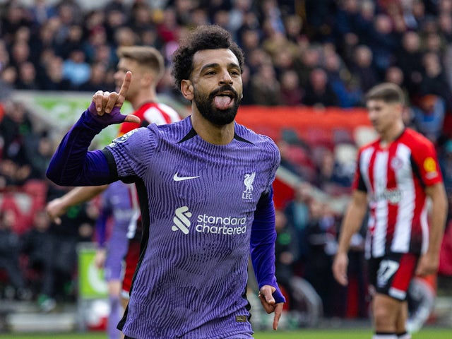 Liverpool's Mohamed Salah celebrates scoring against Brentford on February 17, 2024