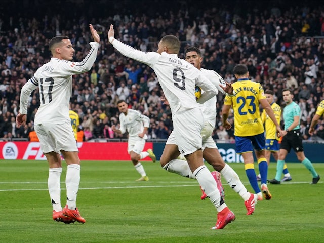 Real Madrid's Kylian Mbappe celebrates scoring against Las Palmas on January 19, 2025