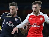 Arsenal's Aaron Ramsey and Dinamo Zagreb's Ivo Pinto pictured on November 24, 2015