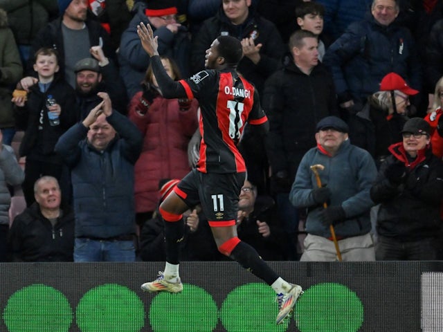 Dango Ouattara celebrates his hat-trick for Bournemouth on January 25, 2025