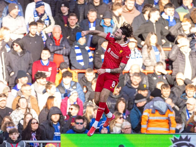 Liverpool's Dominik Szoboszlai celebrates after scoring against Ipswich Town, on January 25, 2025