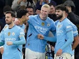 Manchester City's Erling Haaland, Bernardo Silva, Josko Gvardiol and Omar Marmoush celebrate on January 25, 2025