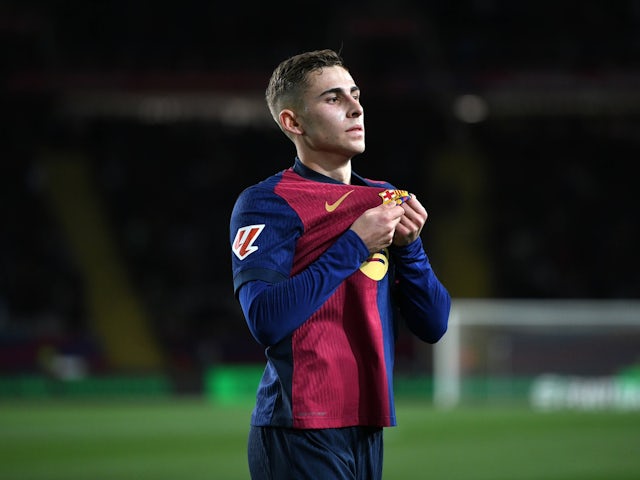 Barcelona's Fermin Lopez celebrates making it 5-0 against Valencia on January 26, 2025