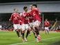 Manchester United players celebrate Lisandro Martinez's goal against Fulham on January 26, 2025