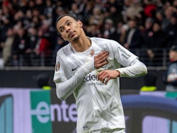 Eintracht Frankfurt's Hugo Ekitike celebrates scoring against Ferencvaros, on January 23, 2025