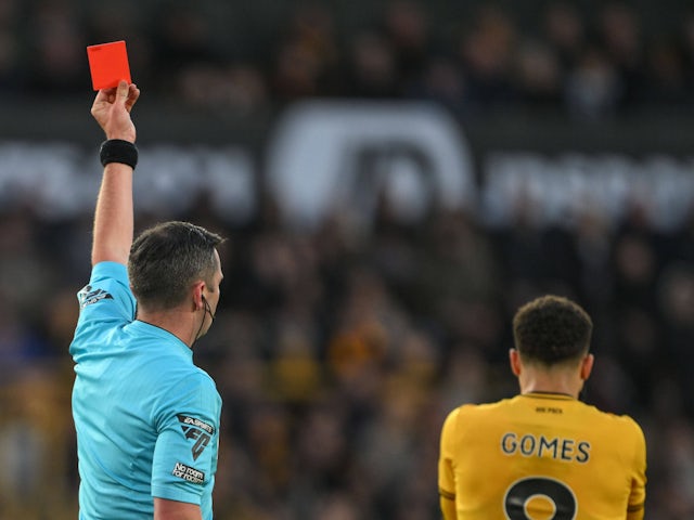 Wolverhampton Wanderers' Joao Gomes is sent off by referee Michael Oliver on January 25, 2025