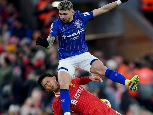 Ipswich Town's Juilo Enciso fouls Liverpool's Wataru Endo during their side's clash, on January 25, 2025