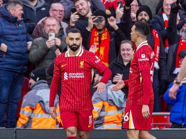 Liverpool's Mohamed Salah celebrates scoring against Ipswich Town, on January 25, 2025