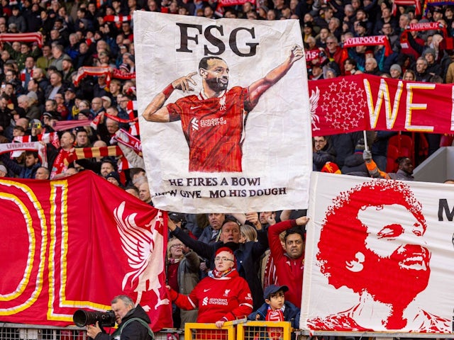 Liverpool fans hold up banners in support of Mohamed Salah during their side's game against Ipswich Town, on January 25, 2025