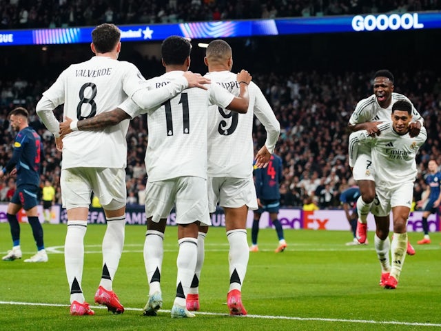 Real Madrid players celebrate Rodrygo's goal against Red Bull Salzburg on January 22, 2025