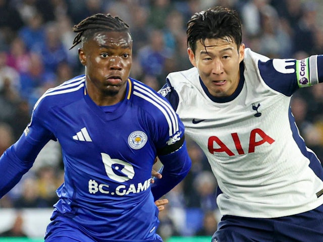 Abdul Fatawu of Leicester City and Son Heung-Min of Tottenham Hotspur on August 19, 2024