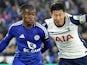 Abdul Fatawu of Leicester City and Son Heung-Min of Tottenham Hotspur on August 19, 2024