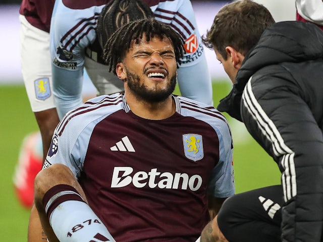 Aston Villa's Tyrone Mings receives treatment for an injury on January 26, 2025