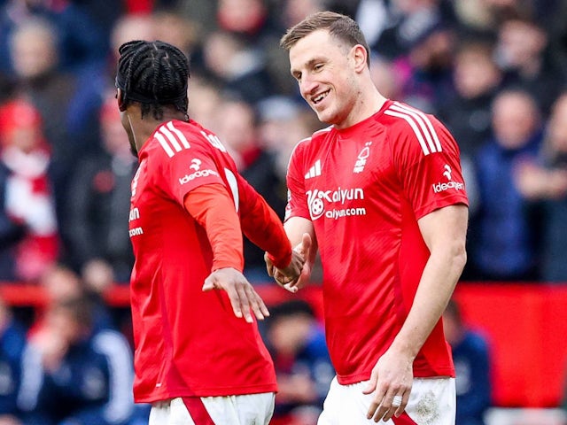 Nottingham Forest's Chris Wood celebrates with Anthony Elanga on February 1, 2025