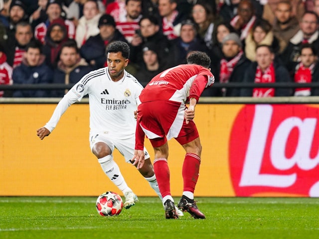 Real Madrid's Rodrygo in action against Brest on January 29, 2025