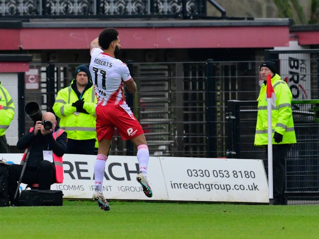 Jordan Roberts of Stevenage celebrates after scoring on February 1, 2025