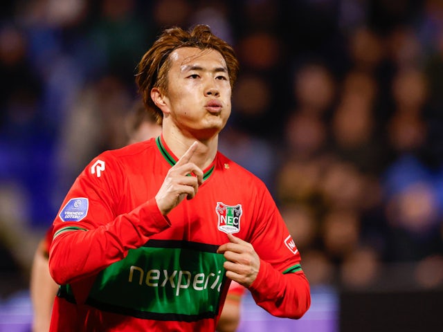 Koki Ogawa celebrates scoring for NEC on January 11, 2025