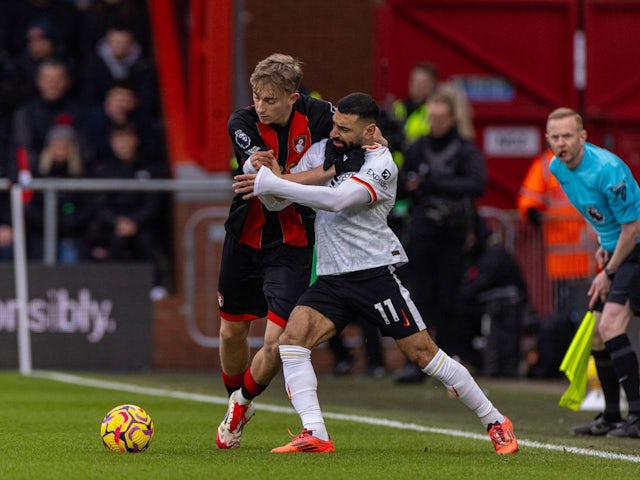 Liverpool's Mohamed Salah is challenged by Bournemouth's Dean Huijsen during their side's clash, on February 1, 2025